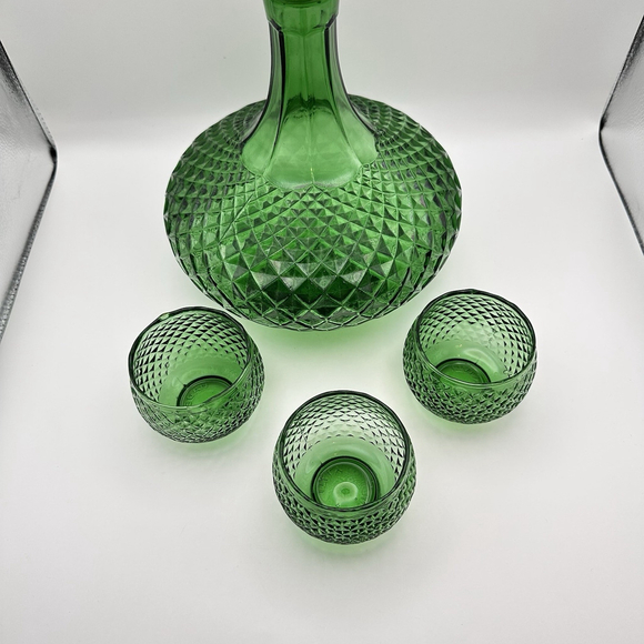 MCM Italian Diamond-Cut LARGE Sized Genie Bottle Decanter & Glasses Set Of 3 - Picture 2 of 9